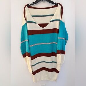 Cupshe V-Neck Sweater - Cream, Brown, and Blue